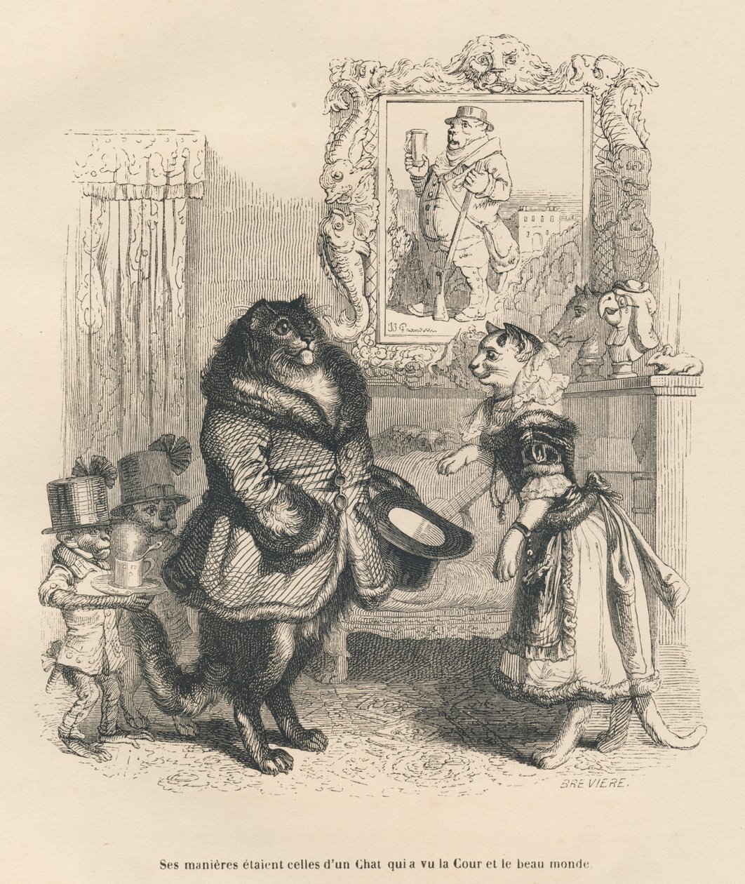 Hofkatt som hilser på en ung hunnkatt. Miniatyrbilder illustrert av JJ Granville. Gravering signert Breviere i delen med tittelen "Court pains of an English cat" skrevet av Honore de Balzac i "Scener fra dyrenes private og offentlige liv". Paris, J av Grandville