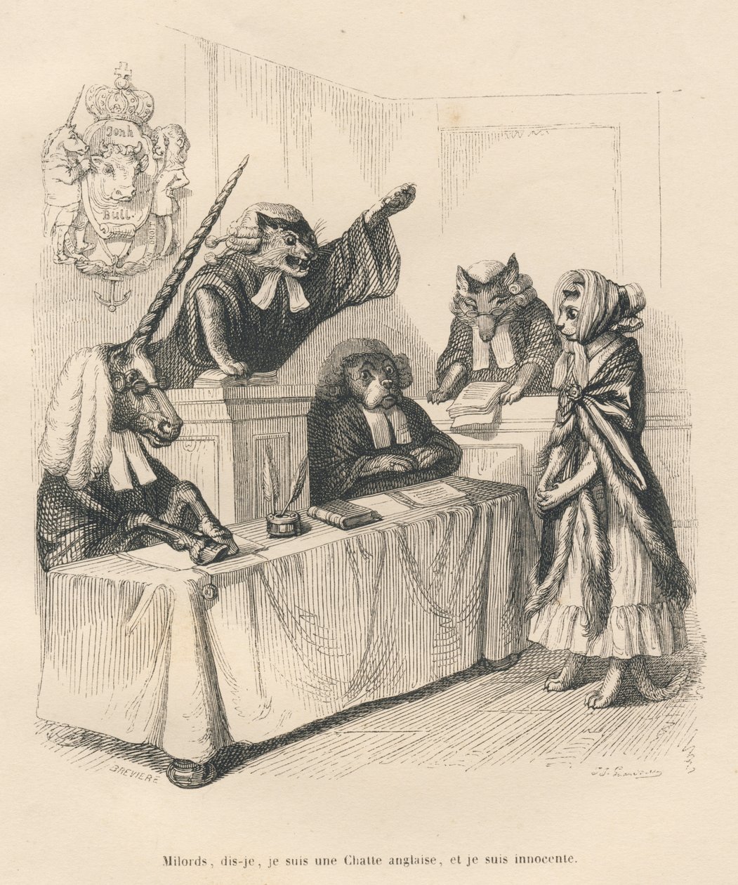 Katt som forsvarer seg i en domstol bestående av en enhjørning, en katt, en hund og en ulv. Miniatyrbilder illustrert av JJ Granville. Gravering signert Breviere i delen med tittelen "Court pains of an English cat" skrevet av Honore de Balzac i "Sc av Grandville
