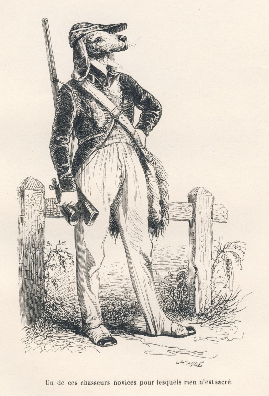 Hund i jaktklær. Miniatyrbilder illustrert av JJ Granville. Gravering signert Caque i delen med tittelen "Memories of an old crow" skrevet av PJ Stahl i "Scener fra dyrenes private og offentlige liv". Paris, J. Hetzel og Paulin av Grandville