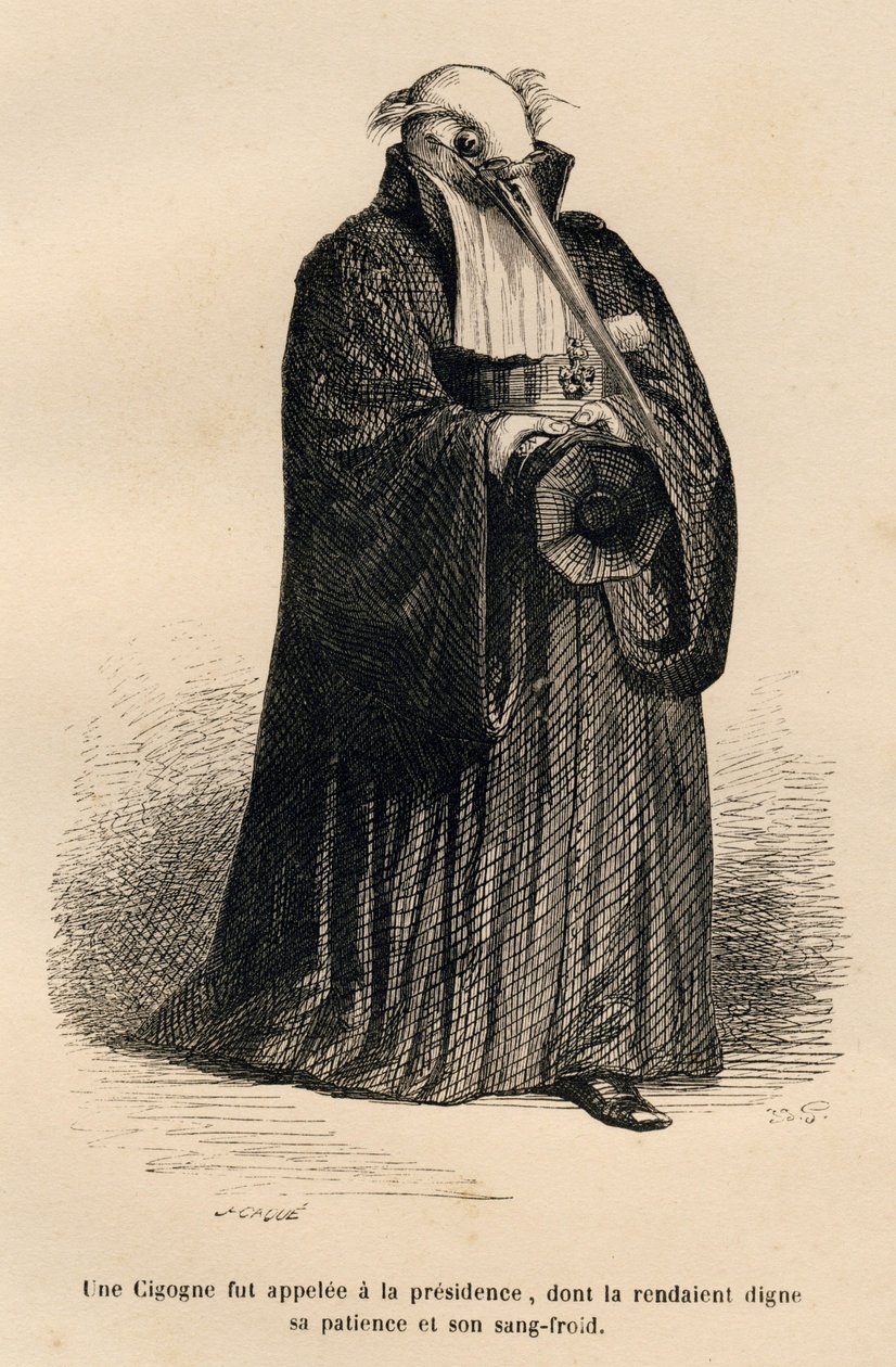 Stork i dommer. Miniatyrbilder illustrert av JJ Granville. Gravering signert Caque i delen med tittelen "Criminal Court of Animal Justice" skrevet av Emile de La Bedolliere i "Scener fra dyrenes private og offentlige liv". Paris, J. Hetzel og Paulin av Grandville