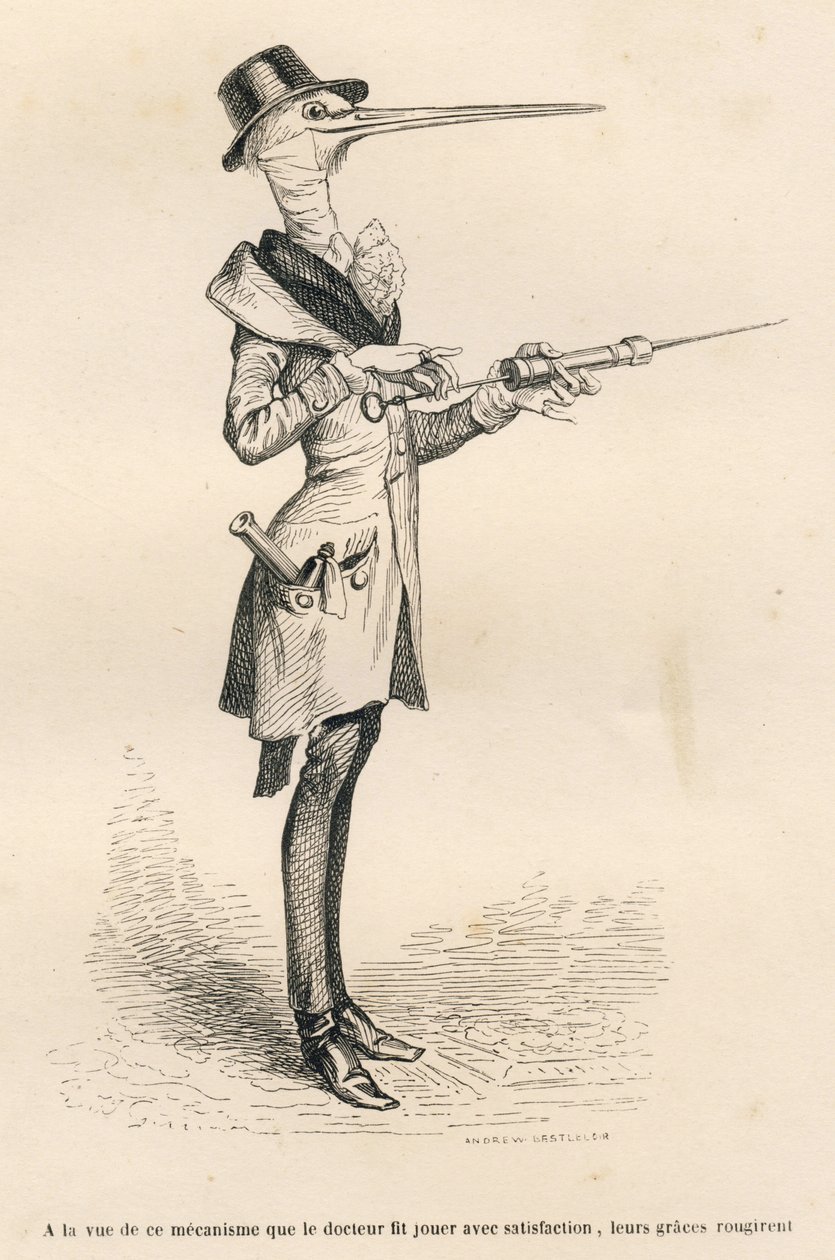 Stork som lege som håndterer et klyster. Miniatyrbilder illustrert av JJ Granville. Gravering signert Andrew, Best og Leloir i delen med tittelen "Court pains of an English cat" skrevet av Honore de Balzac i "Scenes de la vie privee et publique des av Grandville
