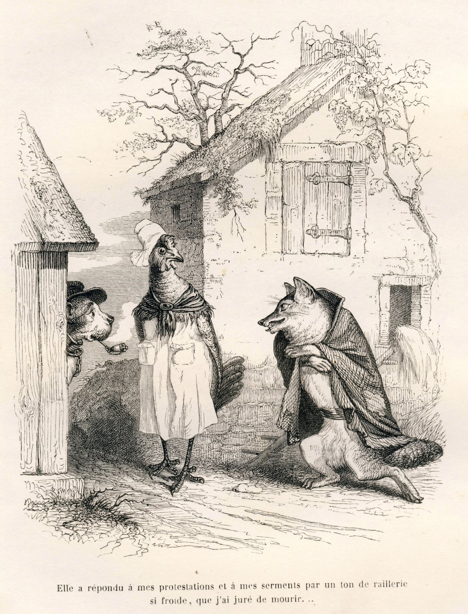 Samtale mellom en hund, en høne og en rev. Vignetter illustrert av JJ Granville. Gravering signert Godard i delen med tittelen "En rev fanget i en felle" skrevet av Charles Nodier i "Scener av dyrenes private og offentlige liv". Paris, J.H av Grandville
