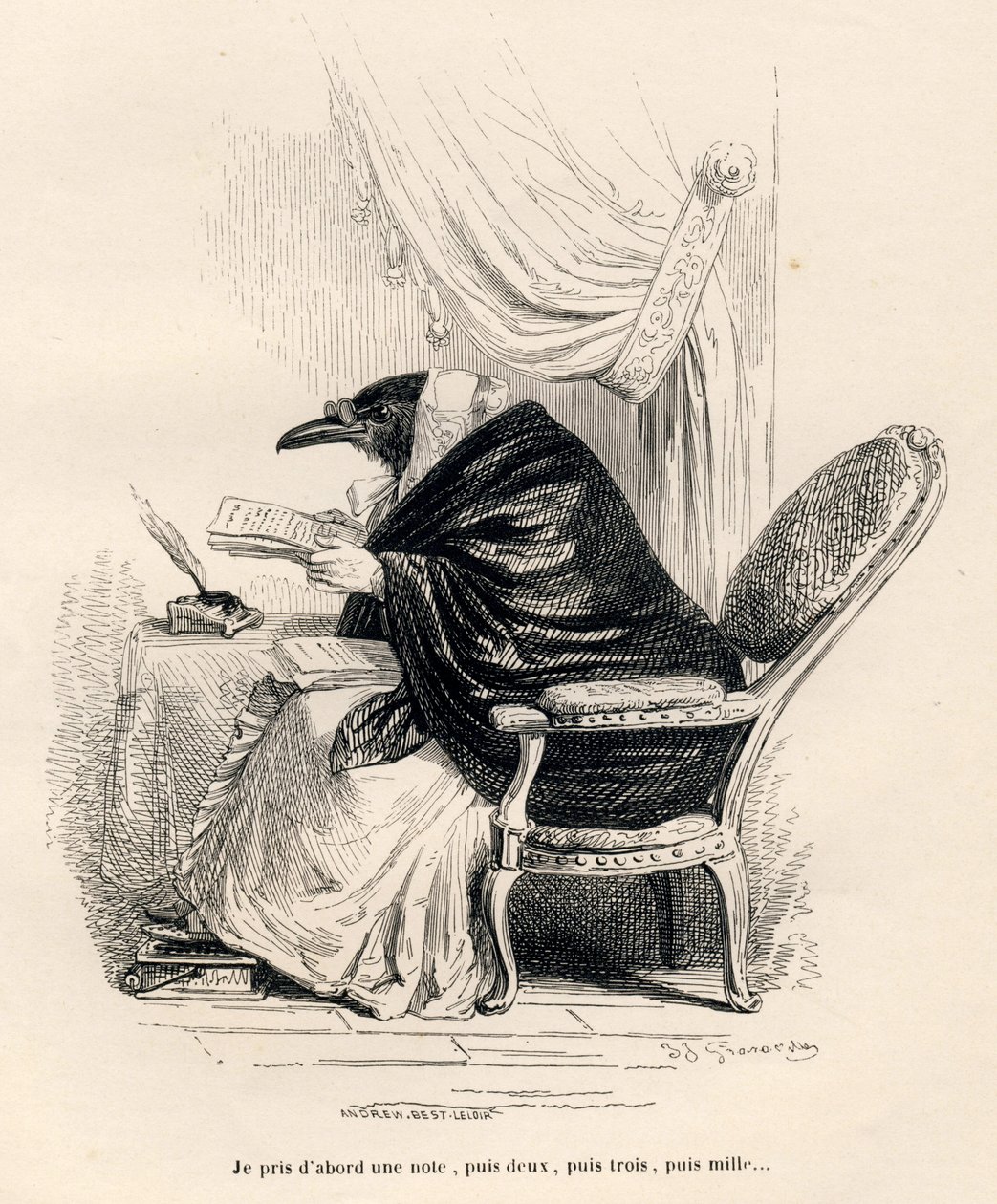 Ravn skriver. Vignetter illustrert av JJ Granville. Gravering signert Andrew, Best og Leloir i delen med tittelen "Memories of an old crow" skrevet av PJ Stahl i "Scener fra dyrenes private og offentlige liv". Paris, J. Hetzel og Paulin av Grandville
