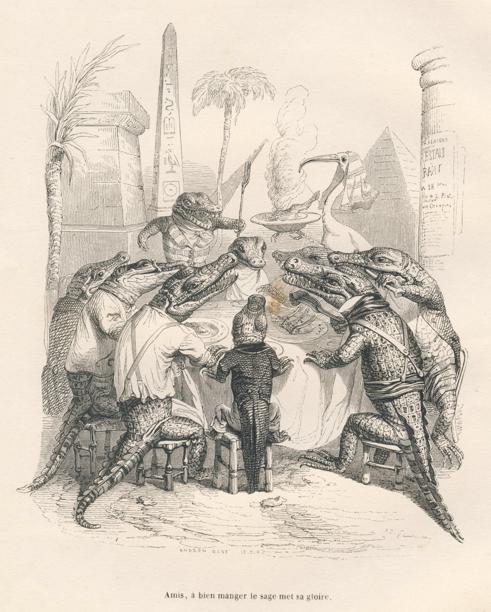 Krokodiller rundt et bord i Egypt. Miniatyrbilder illustrert av JJ Granville. Gravering signert Andrew, Best og Leloir i delen med tittelen "Memories of a crocodile" skrevet av Emile de La Bedolliere i "Scener fra dyrenes private og offentlige liv". av Grandville