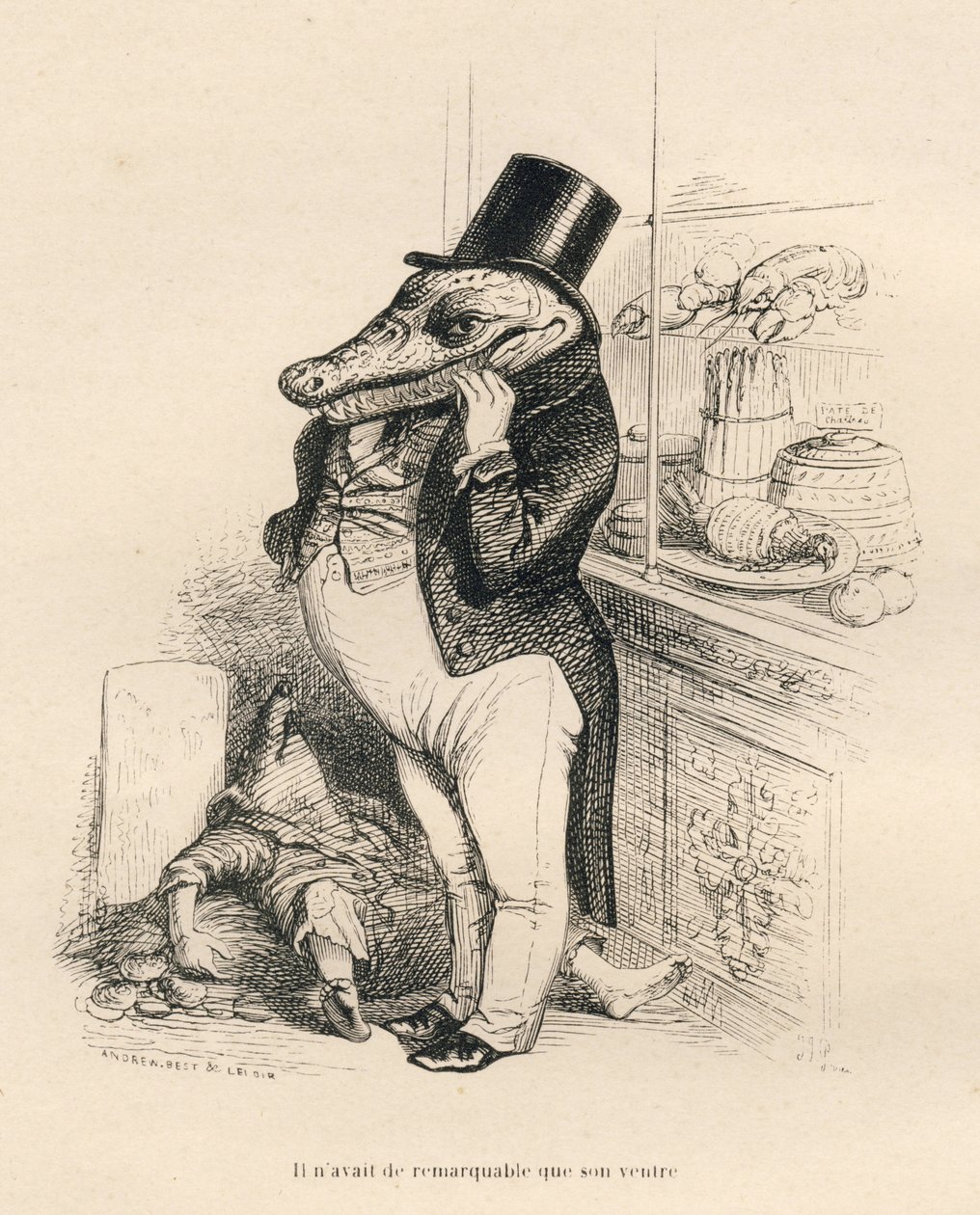 Crododile kler seg som en dandy med stor mage. Miniatyrbilder illustrert av JJ Granville. Gravering signert Breviere i delen med tittelen "Memories of a crocodile" skrevet av Emile de La Bedolliere i "Scener fra dyrenes private og offentlige liv". Paris, av Grandville