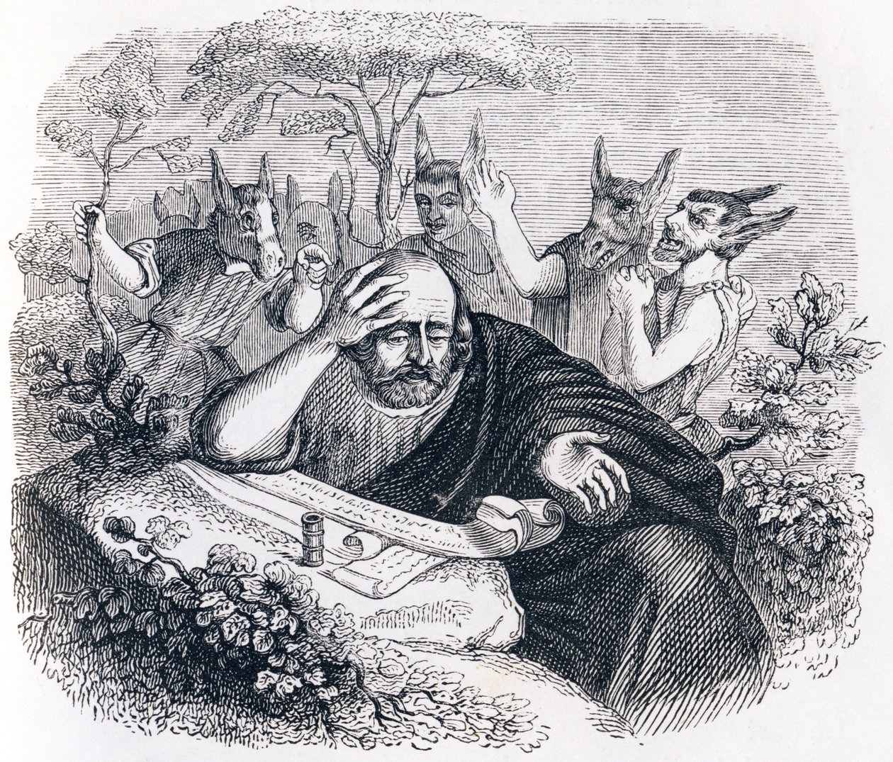 Demokrit (460-370 f.Kr.). og abderitanerne. (Brev fra Hippokrates) - Fabler av La Fontaine av Grandville