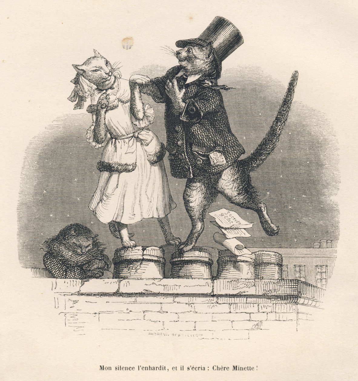 To katter som forfører hverandre på et tak. Miniatyrbilder illustrert av JJ Granville. Gravering signert Andrew, Best og Leloir i delen med tittelen "Court pains of an English cat" skrevet av Honore de Balzac i "Scener fra dyrenes private og offentlige liv av Grandville