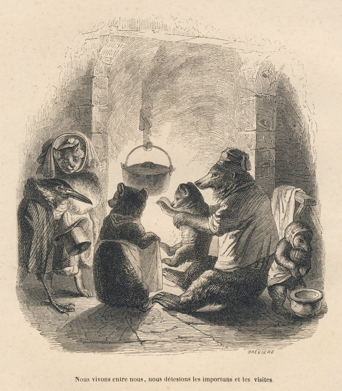 To besøkende kommer for å irritere bjørnefamilien som sitter foran peisen der en gryte henges ved et stativ. Miniatyrbilder illustrert av JJ Granville. Gravering signert Breviere i delen med tittelen "L'ours ou Lettre av Grandville