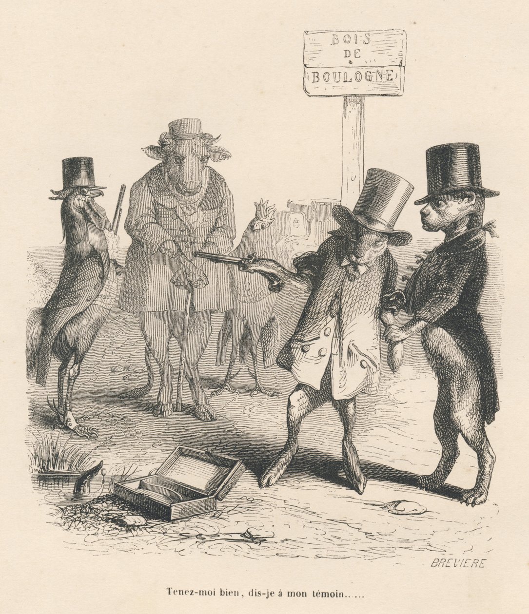 Duell i Bois de Boulogne. Miniatyrbilder illustrert av JJ Granville. Gravering signert Breviere i delen "Story of a hase" skrevet av PJ Stahl i "Scener fra dyrenes private og offentlige liv". Paris, J. Hetzel og Paulin av Grandville