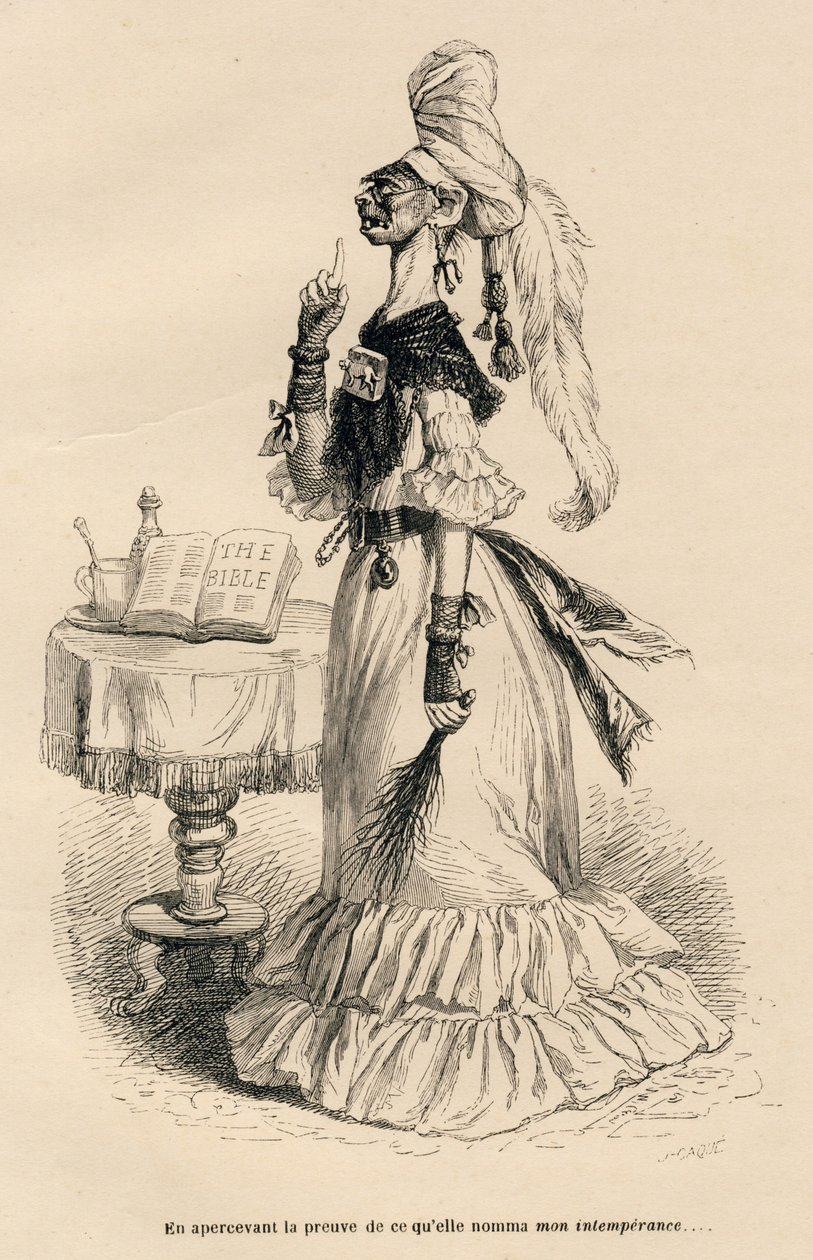 Å se bevis på det hun kalte min uholdenhet. Miniatyrbilder illustrert av JJ Granville. Gravering signert Caque i delen med tittelen "Court pains of an English cat" skrevet av Honore de Balzac i "Scener fra det private og offentlige livet til av Grandville