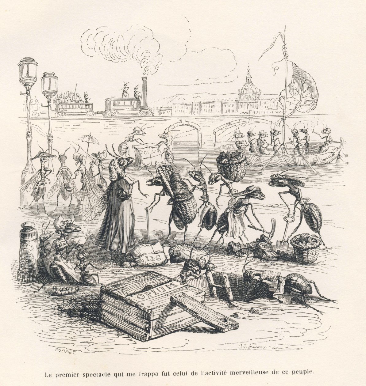 Maur i full aktivitet ved bredden av Seinen. Miniatyrbilder illustrert av JJ Granville. Gravering signert Porret i delen med tittelen "Journey of a sparrow from Paris" skrevet av George Sand i "Scener fra dyrenes private og offentlige liv". Paris, av Grandville