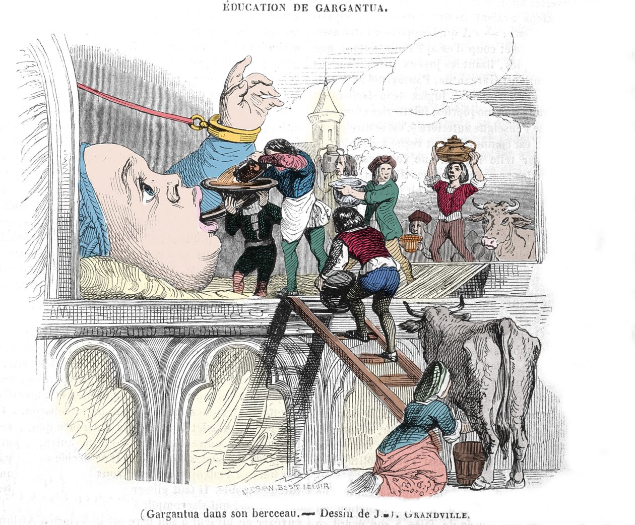 Gargantua-karakteren til romanene av Francois Rabelais (1483-1553), fransk forfatter: "" Utdannelsen til Gargantua""" Gargantua i vuggen hans. Illustrasjon av Gerard Grandville (1803-1847) 1800-tallet av Grandville