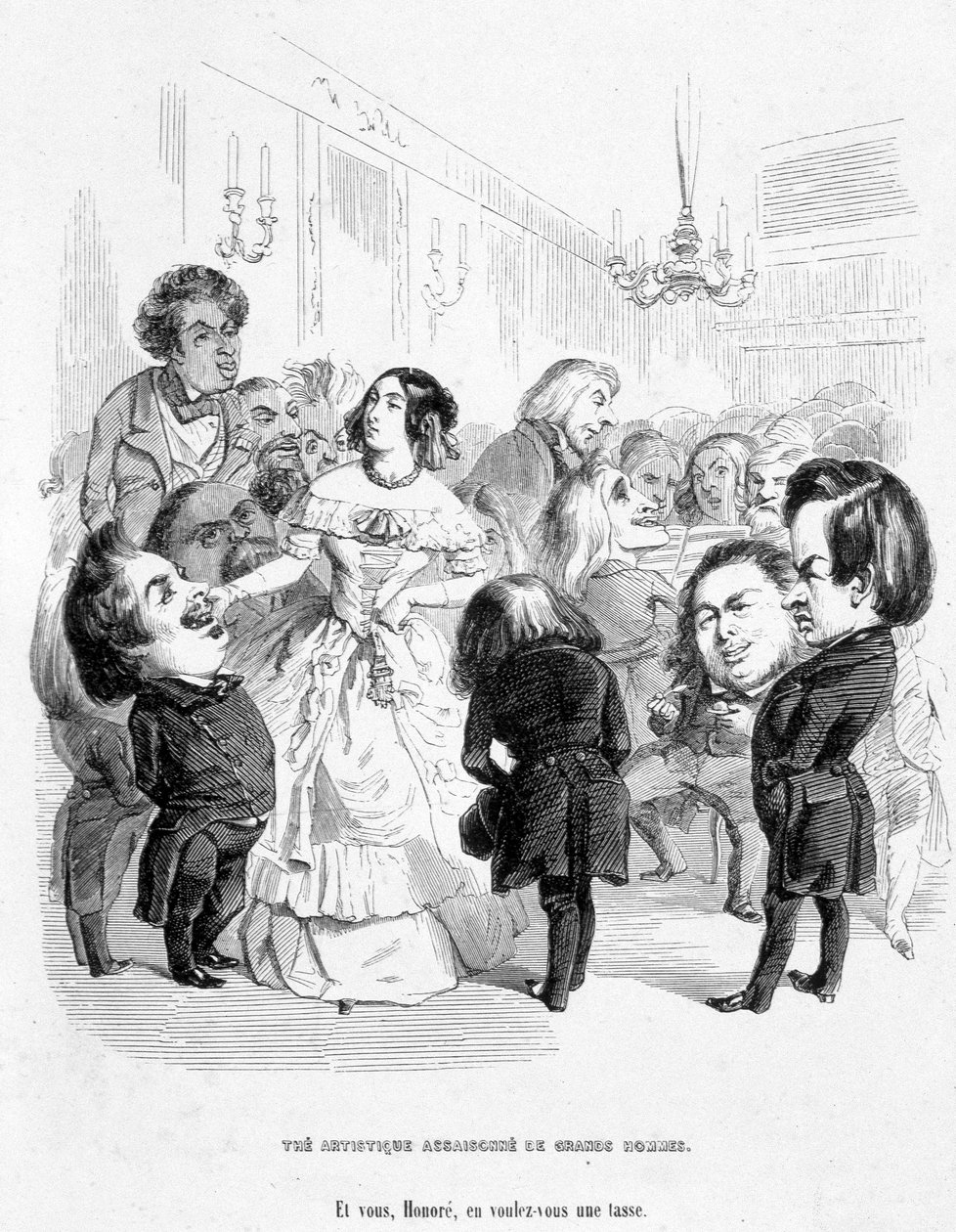 George Sand (Aurore Dupin, Baronne Dudevant) (1804-1876) omgitt av 4 forfattere: Eugene Sue, Honore de Balzac, Franz Litz og Victor Hugo - i "In search of a social position" av Jerome Paturot av Grandville