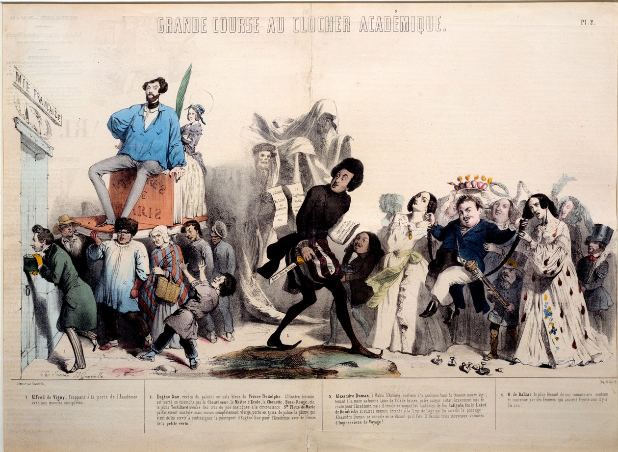 Flott løp til det akademiske klokketårnet. Forfatterne Alfred de Vigny (1797-1863), Eugene Sue (1804-1857), Alexandre Dumas (1802-1870) og Honore de Balzac (1799-1850) er anerkjent. Gravering av Gerard Grandville (1803-1847) av Grandville