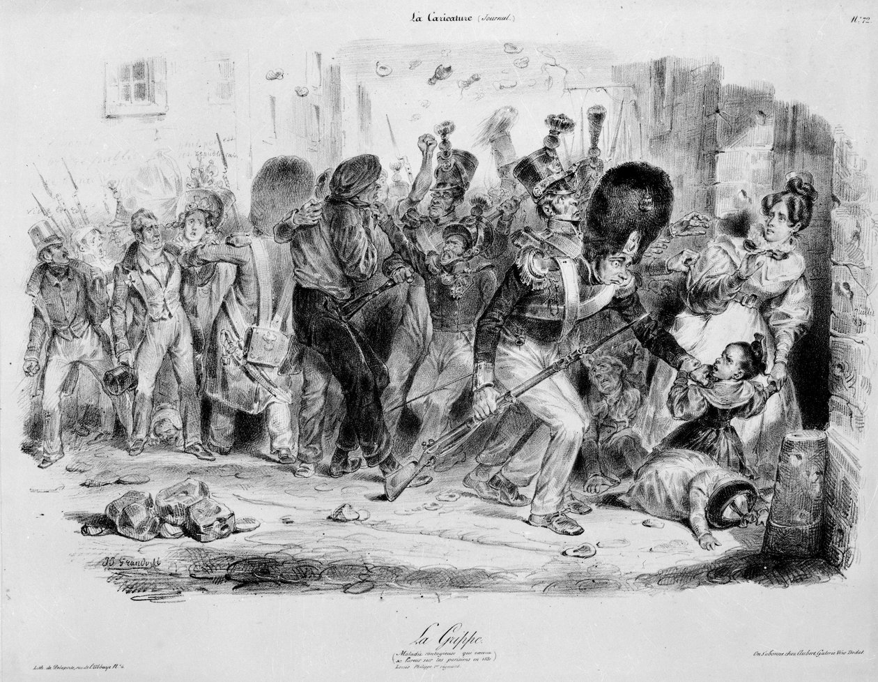 La Flu (influensa): smittsom sykdom som utøver sin raseri på parisere i 1831 - gravering av Grandville i "La karikatur"" av Grandville