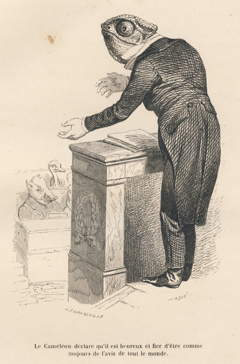 Kameleonen erklærer at han er glad og stolt over å være etter alles mening som alltid. Miniatyrbilder illustrert av JJ Granville. Gravering signert Caque i prologen med tittelen "Parlamentary Summary" skrevet av PJ Stahl i "Scenes de la vie privee et av Grandville