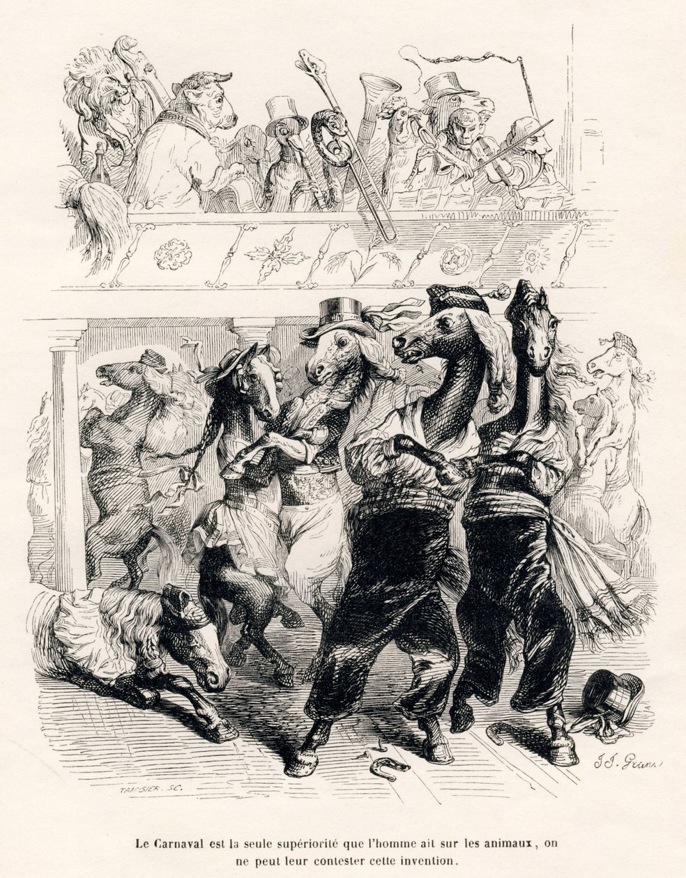 Hestekarnevalet. Miniatyrbilder illustrert av JJ Granville. Gravering signert Tamisier i delen med tittelen "Journey of an African Lion to Paris" skrevet av Honore de Balzac i "Scener fra dyrenes private og offentlige liv". Paris, J. Hetzel og Paul av Grandville
