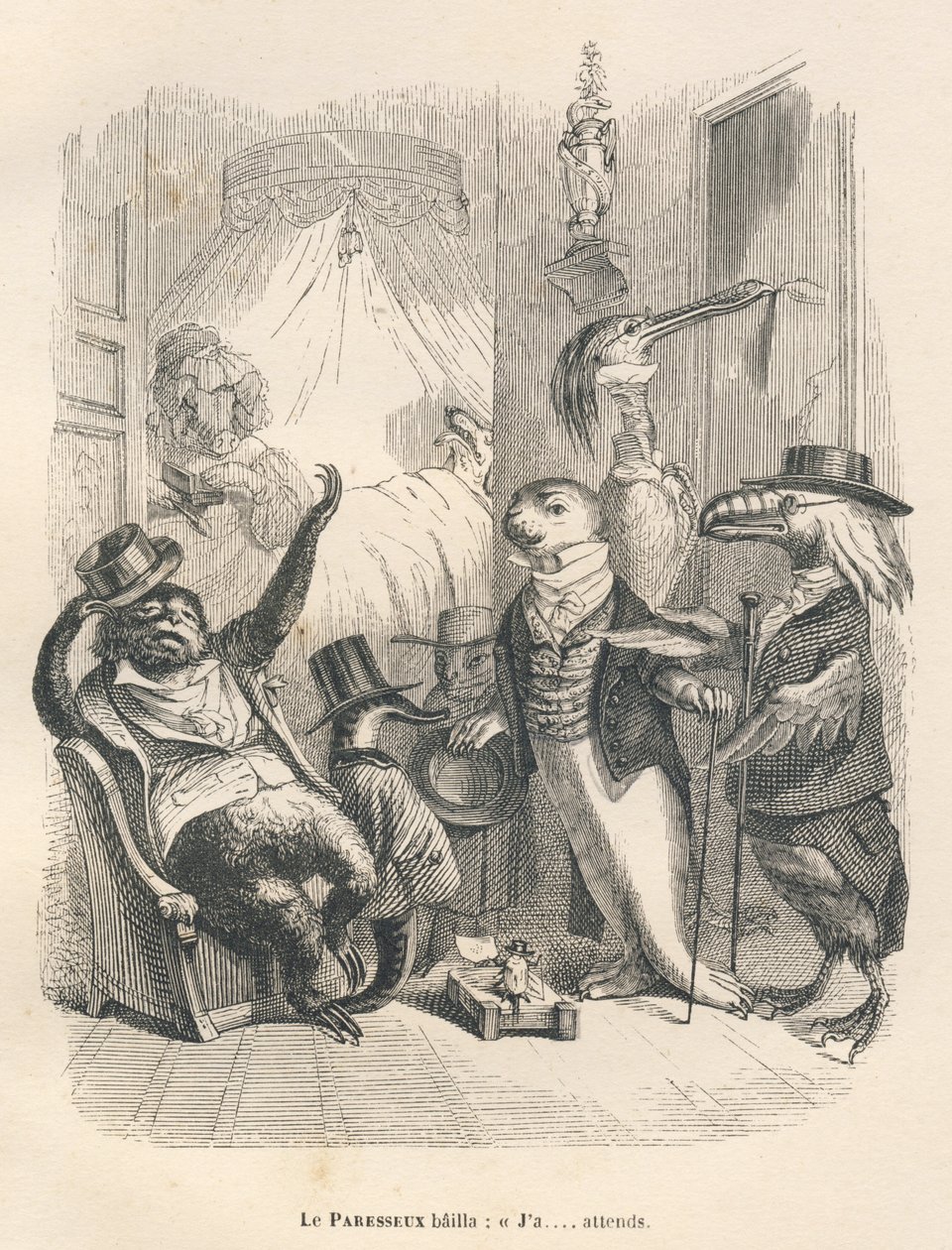 Dovendyret gjespet mens han ventet. Vignetter illustrert av JJ Granville. Gravering signert Godard i delen med tittelen "Les Animaux medecins" skrevet av Pierre Bernard i "Scener av dyrs private og offentlige liv". Paris, J. Hetzel og Paulin av Grandville
