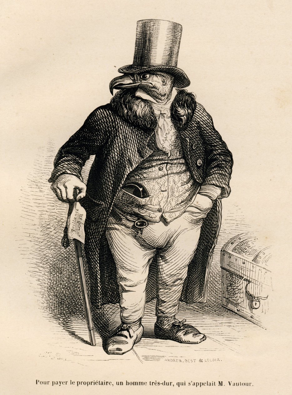 Gribben som eiendomsbesitter. Miniatyrbilder illustrert av JJ Granville. Gravering signert Andrew, Best og Leloir i delen "History of a Hare" skrevet av PJ Stahl i "Scener fra dyrenes private og offentlige liv". Paris, J. Hetzel og Paulin av Grandville