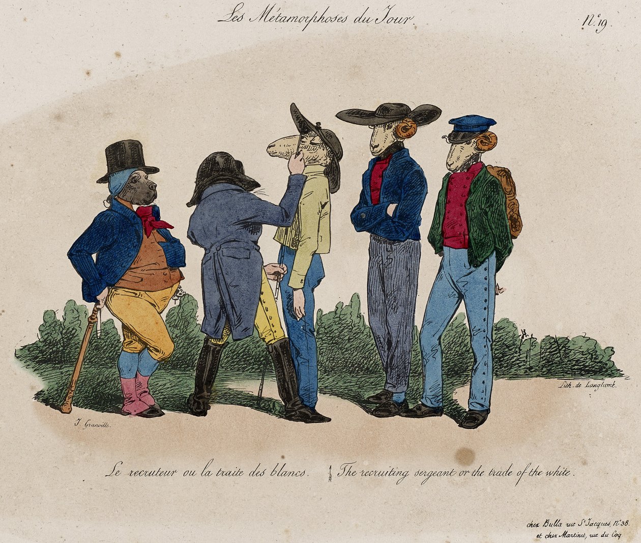 Les Metamorphoses du Jour, nr. 19 (håndfarget litho) av Grandville