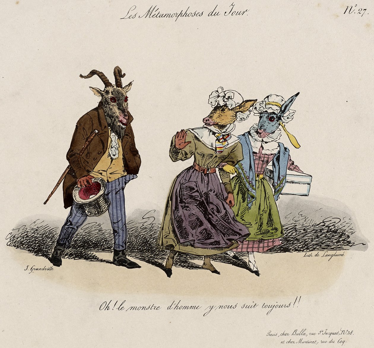 Les Metamorphoses du Jour, nr. 27 (håndfarget litho) av Grandville