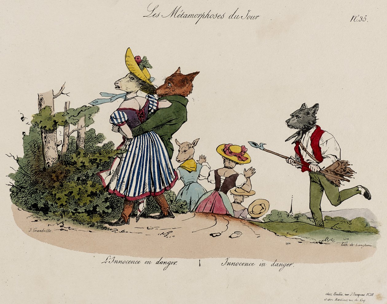 Les Metamorphoses du Jour, nr. 35 (håndfarget litho) av Grandville
