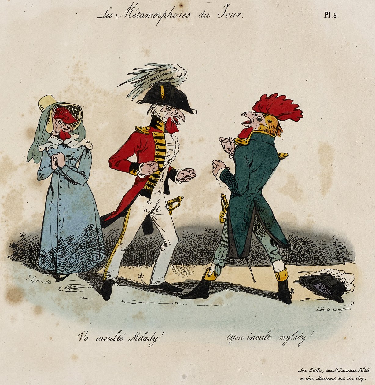 Les Metamorphoses du Jour, nr. 8 (håndfarget litho) av Grandville