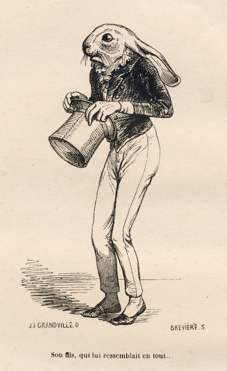 Feig hare i dandy kostyme. Miniatyrbilder illustrert av JJ Granville. Gravering signert Breviere i delen "Story of a hase" skrevet av PJ Stahl i "Scener fra dyrenes private og offentlige liv". Paris, J. Hetzel og Paulin av Grandville
