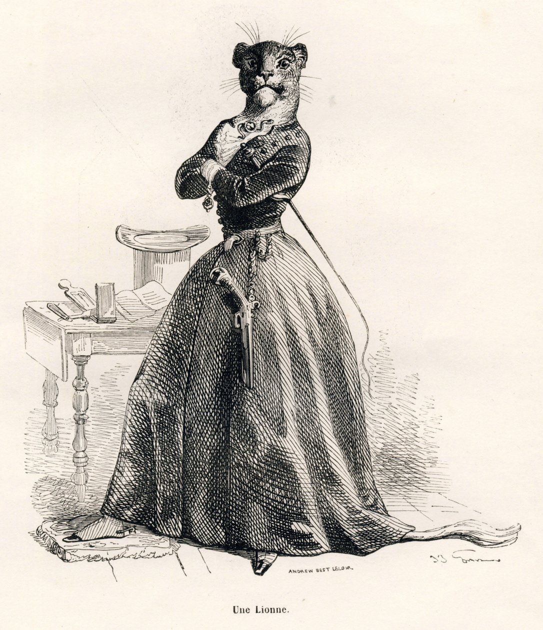 Løvinne med en pistol og en pisk. Vignetter illustrert av JJ Granville. Gravering signert Andrew, Best og Leloir i delen med tittelen "Voyage of an African lion in Paris" skrevet av Honore de Balzac i "Scener av dyrenes private og offentlige liv" av Grandville