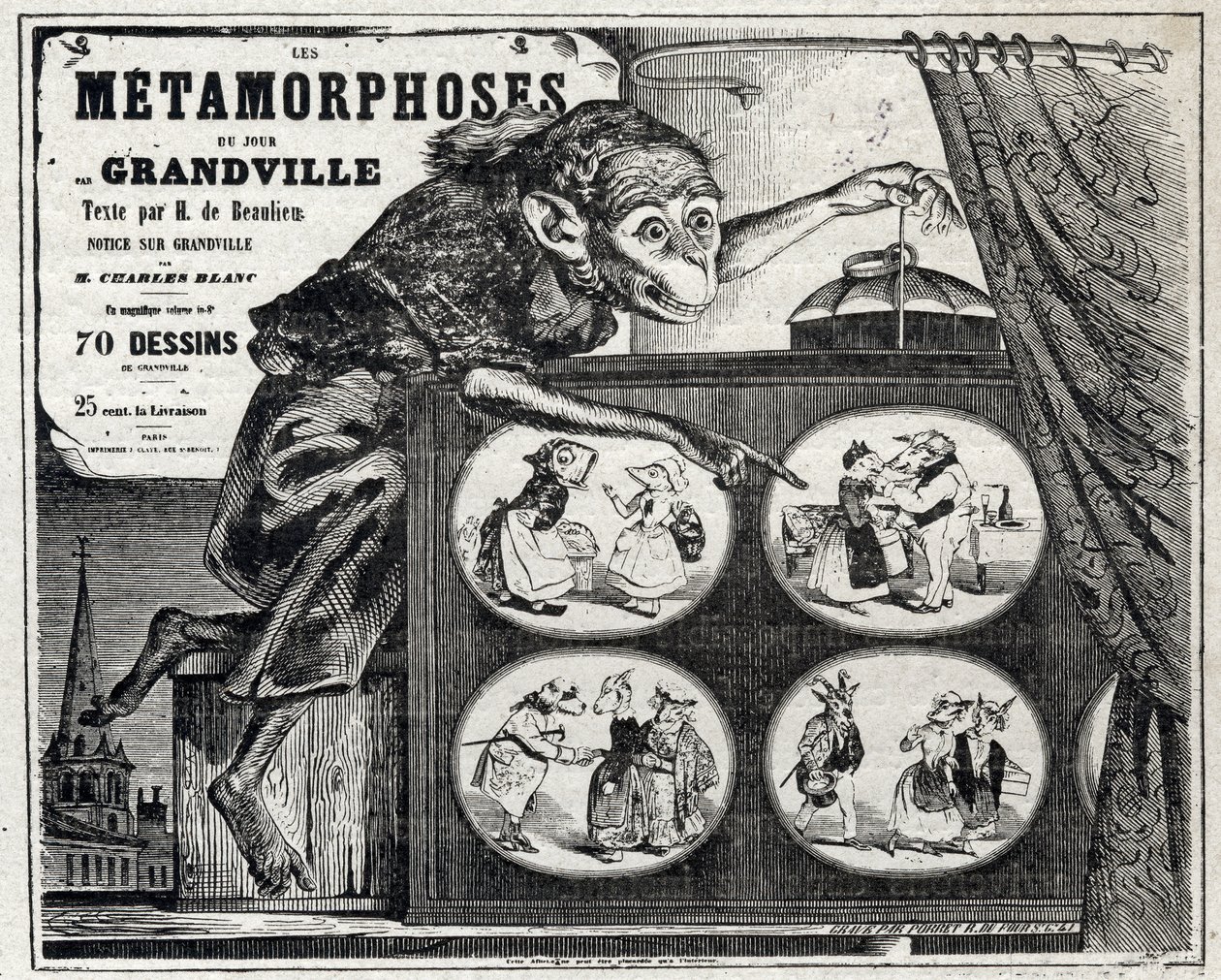 Litteratur. The Daily Metamorphosis, av karikaturtegneren Jean Jacques Grandville. Plakat, Frankrike av Grandville