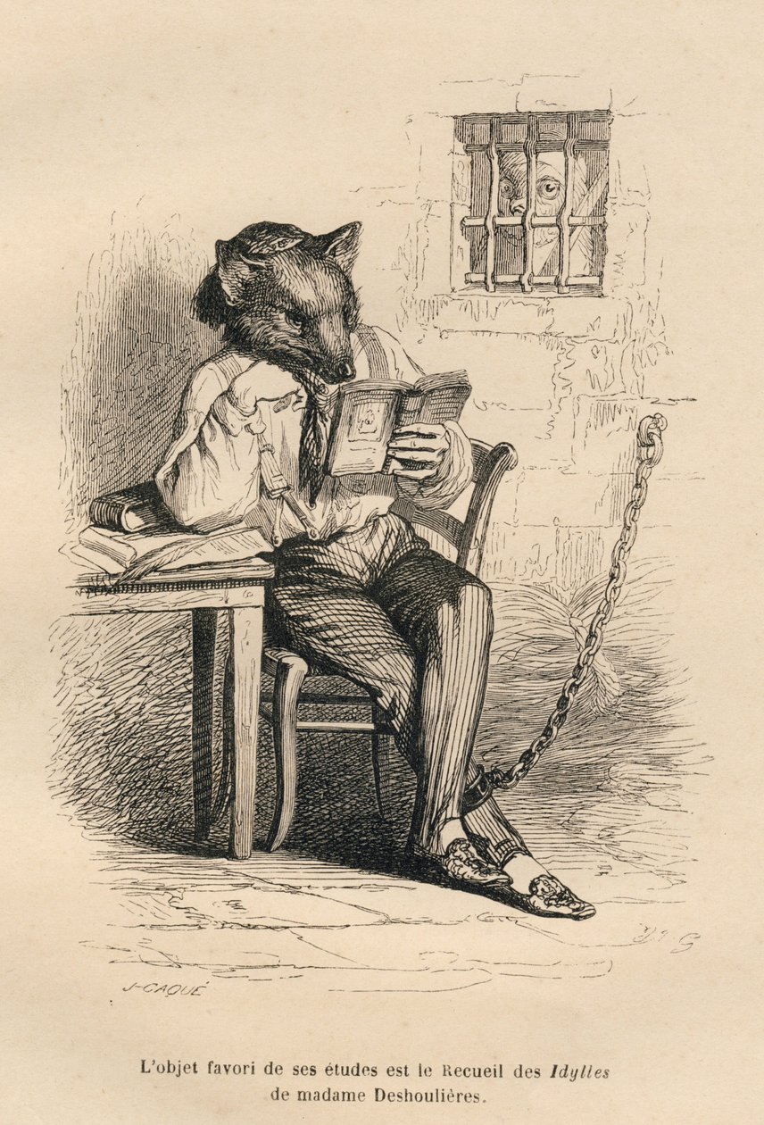 Ulv leser i et fengsel. Miniatyrbilder illustrert av JJ Granville. Gravering signert Caque i delen med tittelen "Criminal Court of Animal Justice" skrevet av Emile de La Bedolliere i "Scener fra dyrenes private og offentlige liv". Paris, J. Hetzel av Grandville