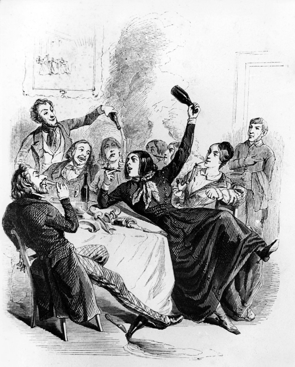 Lunsj med gutter av de to kjønnene: menn og kvinner som drikker alkohol og røyker, tegning av Jean Ignace Isidore alias JJ Grandville av Grandville (1803-47)