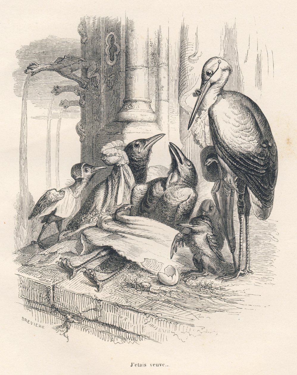 Død av en kråke sammen med familien og en stork. Miniatyrbilder illustrert av JJ Granville. Gravering signert Breviere i delen med tittelen "Memories of an old crow" skrevet av PJ Stahl i "Scener fra dyrenes private og offentlige liv". P av Grandville