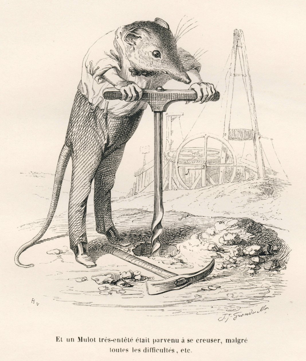 Markmus som stikker hull på bakken. Vignetter illustrert av JJ Granville. Gravering signert Breviere i delen med tittelen "Memories of an old crow" skrevet av PJ Stahl i "Scener fra dyrenes private og offentlige liv". Paris, J. Hetzel og Paulin av Grandville