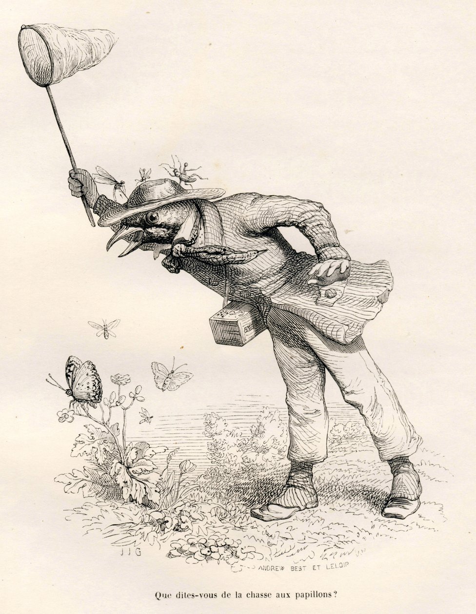 Fuglejager etter sommerfugler. Vignetter illustrert av JJ Granville. Gravering signert Andrew, Best og Leloir i delen med tittelen "En rev fanget i fellen" skrevet av Charles Nodier i "Scener av dyrenes private og offentlige liv". Paris av Grandville