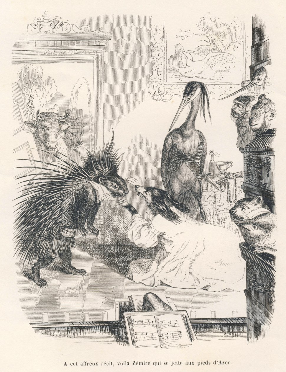 Opera med et piggsvin, en hund og en hegre på scenen. Vignetter illustrert av JJ Granville. Gravering signert Godard i delen med tittelen "Den første pistolserien" skrevet av Jules Janin i "Scener av dyrenes private og offentlige liv". av Grandville