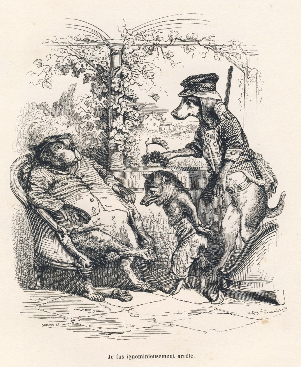 Fox stoppet av en hund. Miniatyrbilder illustrert av JJ Granville. Gravering signert Godard i delen med tittelen "En rev fanget" skrevet av Charles Nodier i "Scener fra dyrenes private og offentlige liv". Paris, J. Hetzel og Paulin av Grandville