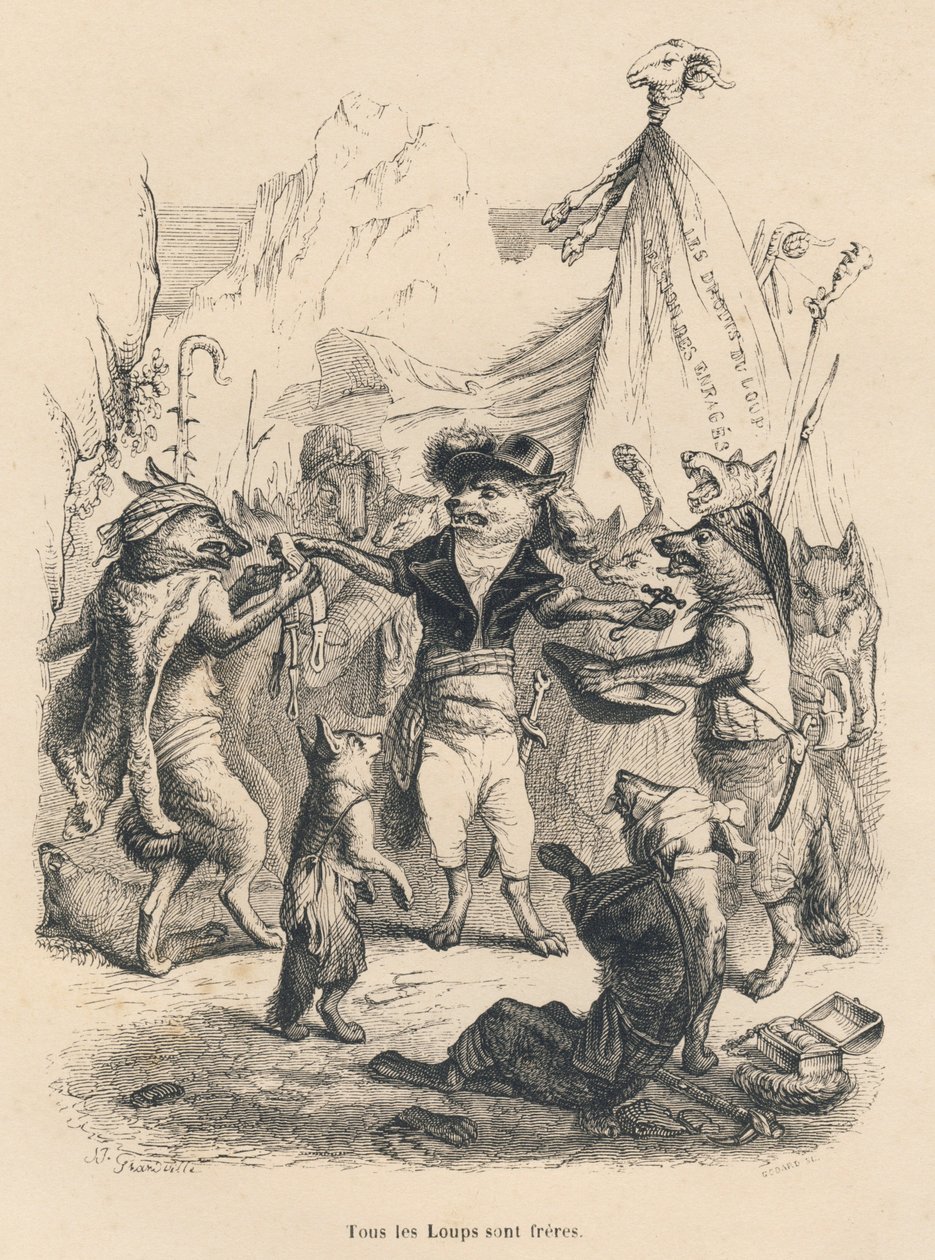 Ulvenes revolusjon og ulvens frihet og rett. Vignetter illustrert av JJ Granville. Gravering signert Godard i delen med tittelen "Voyage d