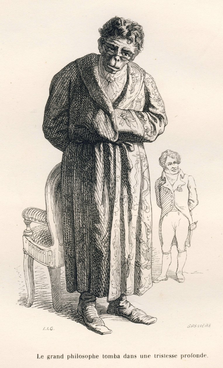 Filosof ape. Miniatyrbilder illustrert av JJ Granville. Gravering signert Breviere i delen med tittelen "Guide-esel for bruk av dyr som ønsker å oppnå heder" skrevet av Honore De Balzac i "Scener fra dyrs private og offentlige liv". av Grandville