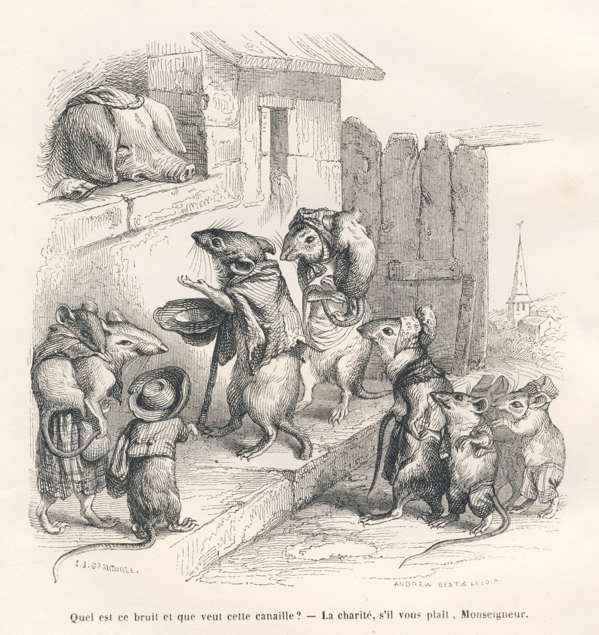 Mus gjør veldedighet til en gris. Vignetter illustrert av JJ Granville. Gravering signert Andrew, Best og Leloir i delen med tittelen "The philosopher rat" skrevet av Edouard Lemoine i "Scenes of the private and public life of animals". Paris, J. Hetz av Grandville