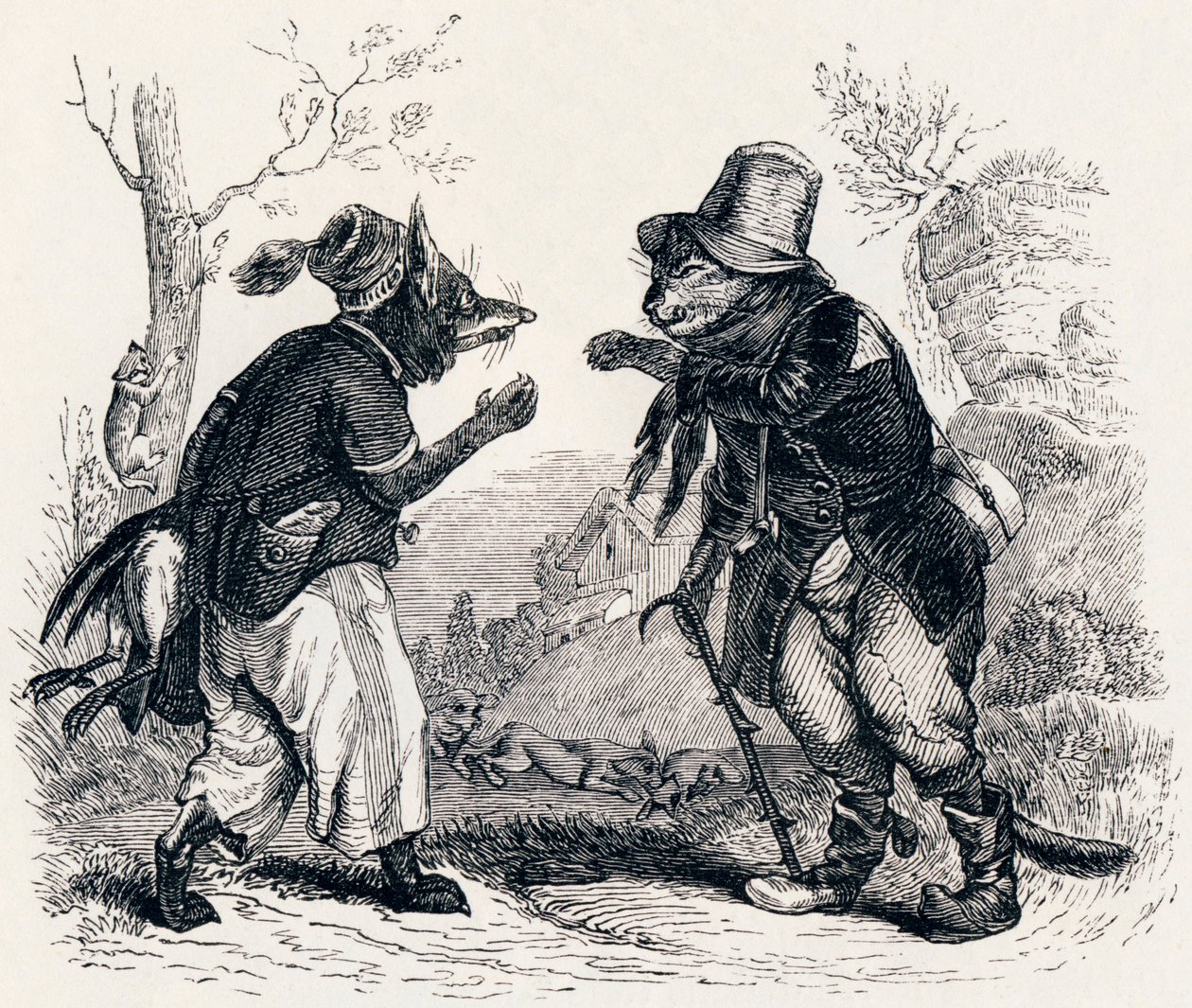 Katten og reven (Le chat et le renard) - Fabler av La Fontaine av Grandville