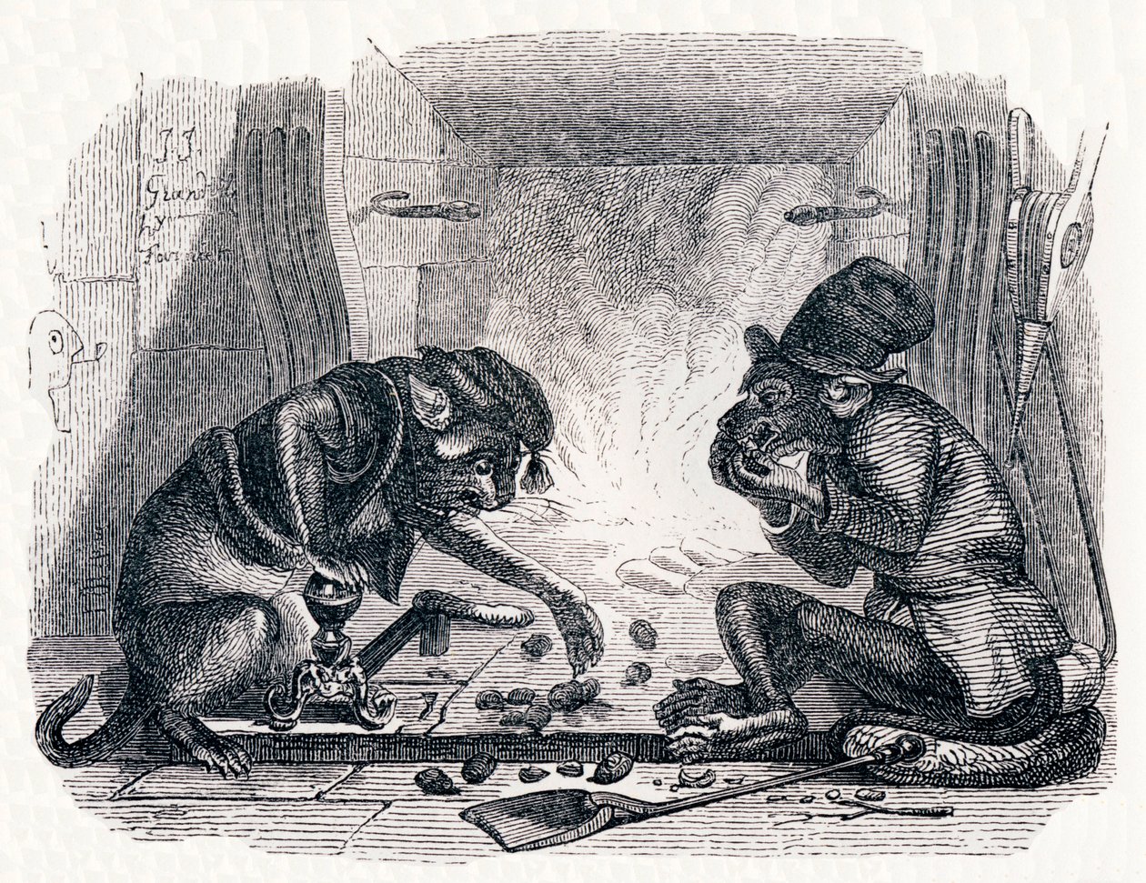 Eselet og katten (Le singe et le chat) - Fabler av La Fontaine av Grandville