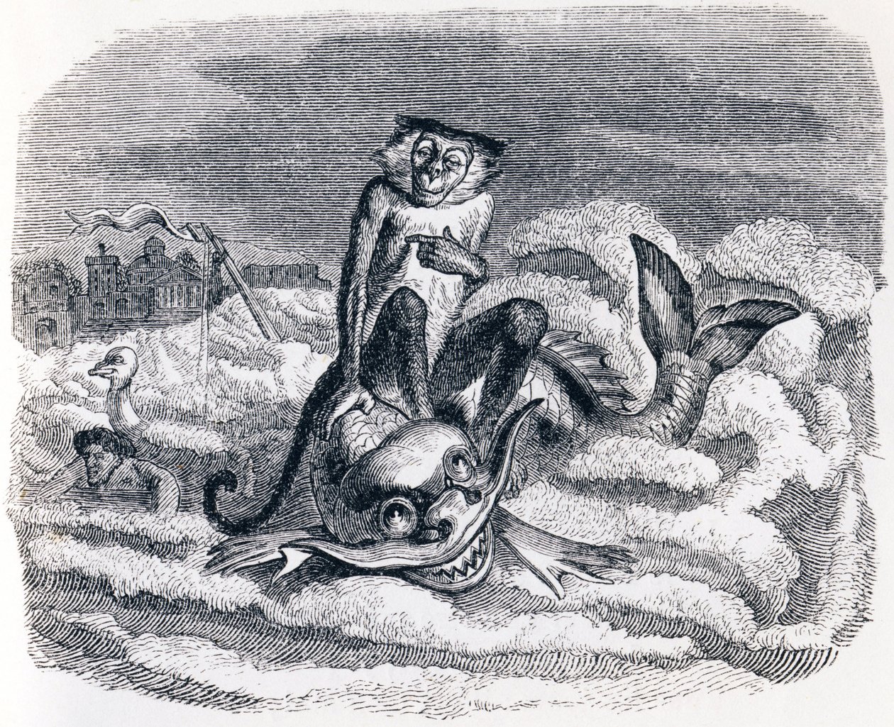 Eselet og delfinen (Le singe et le dauphin) - Fabler av La Fontaine av Grandville