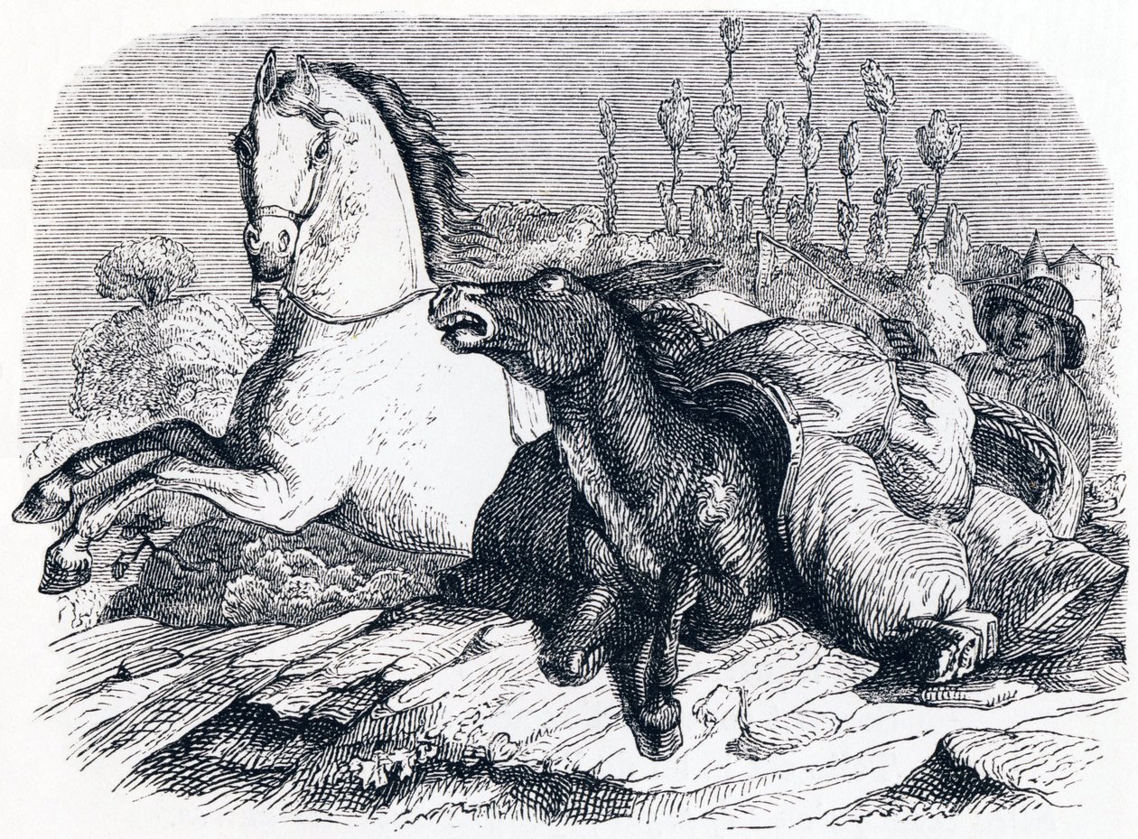 Hesten og eselet - Fabler av La Fontaine av Grandville