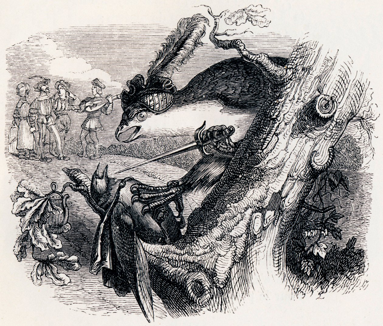 Dragen og nattergalen (Le milan et le rossignol) - Fabler av La Fontaine av Grandville