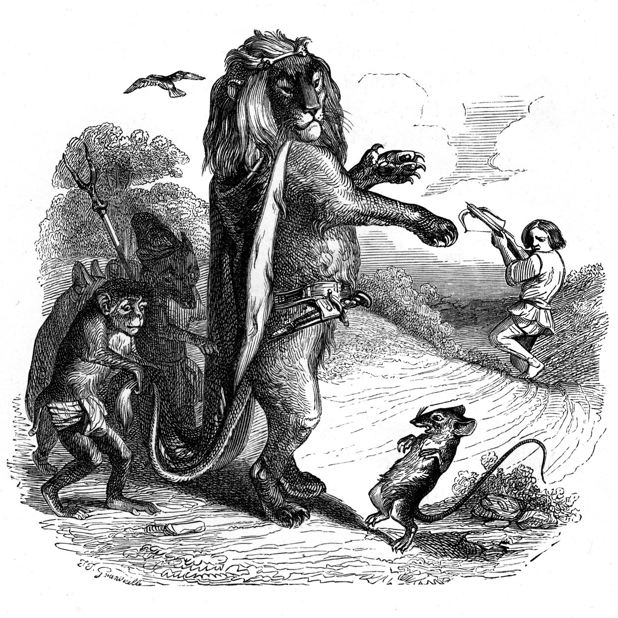 Løven og rotten: La Fontaine-fabelen illustrert av Grandville. av Grandville (1803-47)