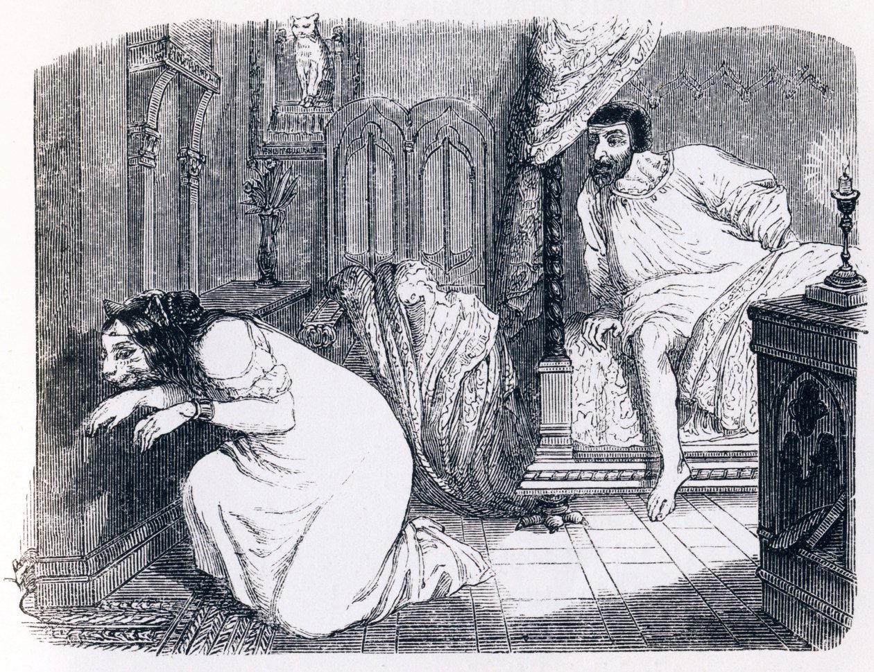 Fitta forandret seg til en kvinne (La chatte metamorphose en femme) - Fables av La Fontaine av Grandville