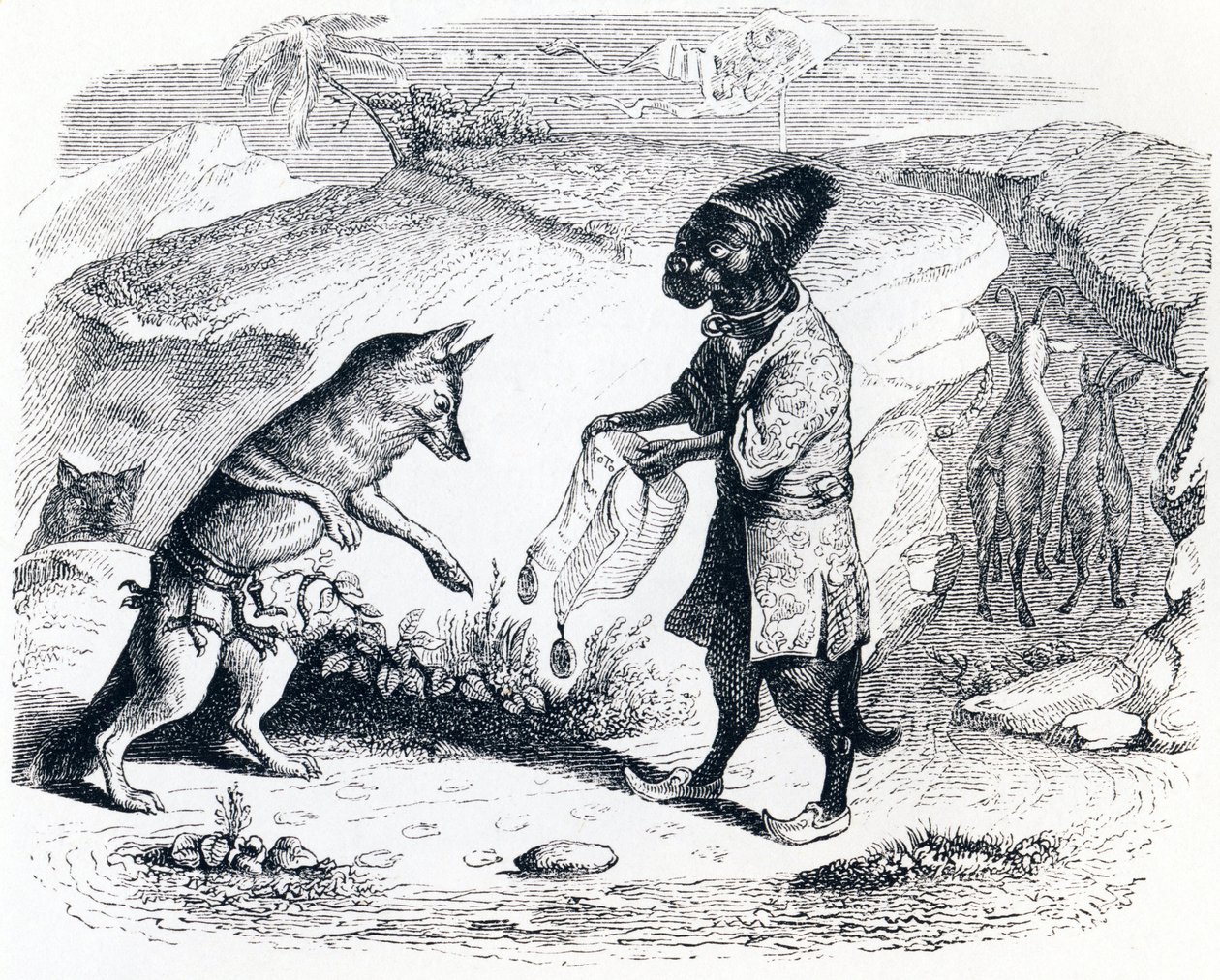 Den syke løven og reven (Le lion malade et le renard) - Fabler av La Fontaine av Grandville