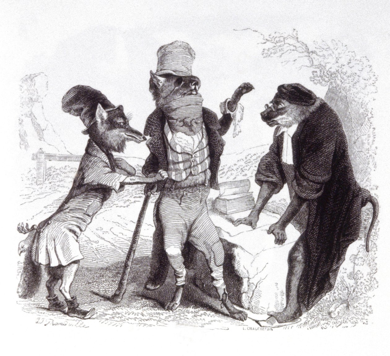 Ulven trygler mot reven foran apen av Grandville (1803 47)