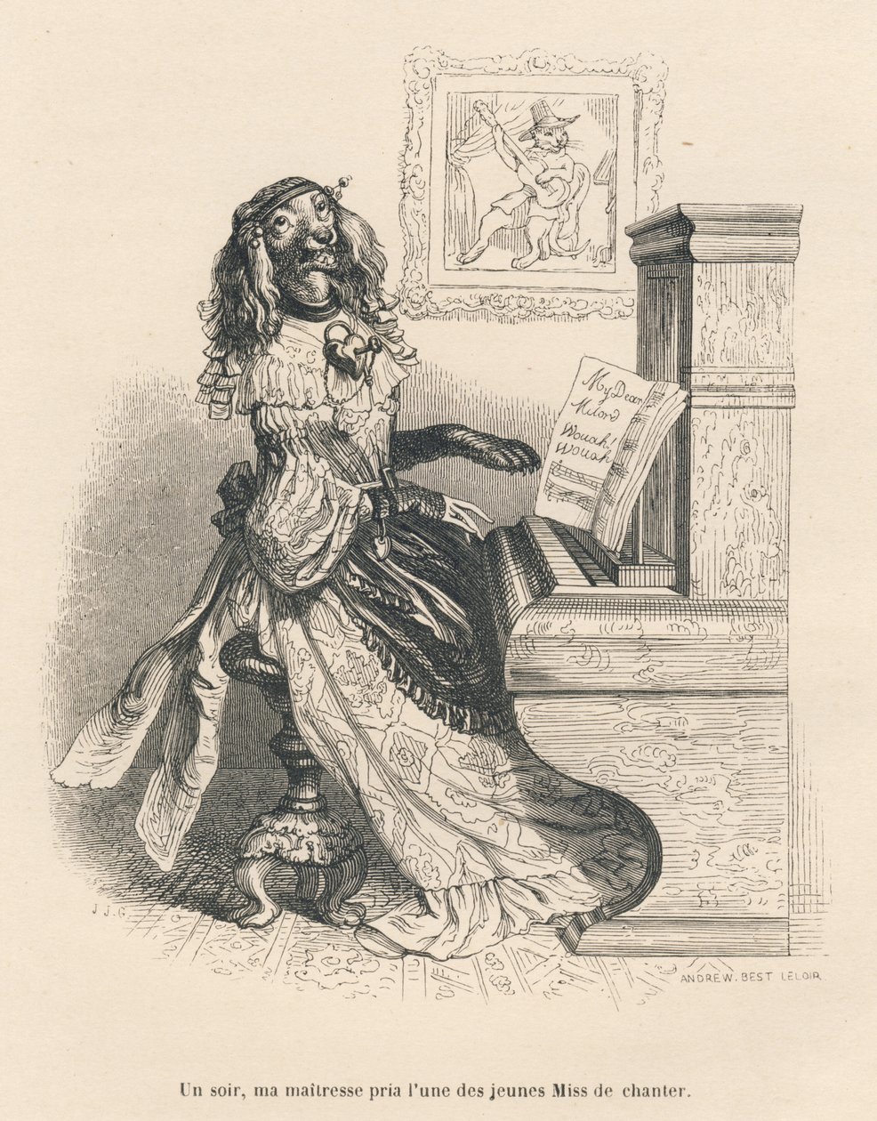 En hund som synger ved pianoet. Miniatyrbilder illustrert av JJ Granville. Gravering signert Andrew, Best og Leloir i delen med tittelen "Court pains of an English cat" skrevet av Honore de Balzac i "Scener fra dyrenes private og offentlige liv". Paris av Grandville